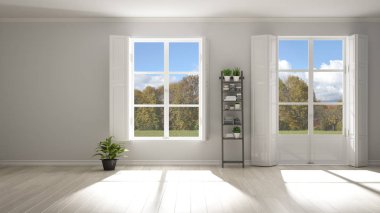 Panoramik pencereler, parke ahşap zemin, klasik kepenkler, saksı bitkileri ile şık boş oda. Kopyalama alanı ile beyaz arka plan, iç tasarım konsepti. Yeşil çayır manzara.
