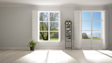 Panoramik pencereler, parke ahşap zemin, klasik kepenkler, saksı bitkileri ile şık boş oda. Kopyalama alanı ile beyaz arka plan, iç tasarım konsepti. Yeşil çayır manzara.