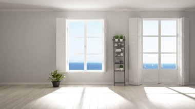 Panoramik pencereler, parke ahşap zemin, klasik kepenkler, saksı bitkileri ile şık boş oda. Kopyalama alanı ile beyaz arka plan, iç tasarım konsepti. Deniz okyanusu manzarası.