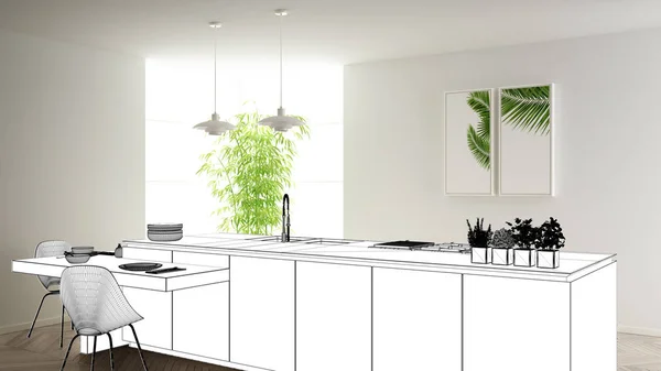 Projecto de projecto de planta, esboço de cozinha moderna minimalista com ilha e lâmpadas, ideia de conceito de design de interiores, apartamento moderno com piso em parquet, ideia de mobiliário contemporâneo — Fotografia de Stock