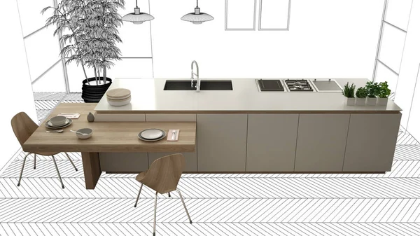 Nedokončený projekt, ve stavebním návrhu, náčrt interiérů, ruka ukazující skutečnou moderní minimalistickou kuchyni s tapetu, architektonický design, vrcholkové zobrazení — Stock fotografie