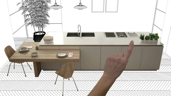 Altında inşaat taslak, konsept iç tasarım kroki, tamamlanmamış proje el işaret eden gerçek ahşap mutfak planı arka plan, mimar ve tasarımcı bir fikir, üstten görünüm