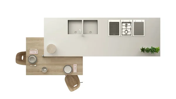 現代的な高級マンション、インテリアデザインのコンセプトアイデア、コピースペース、ミニマリスト家具、トップビューで白い背景に隔離された木製の詳細とモダンな白いキッチン — ストック写真
