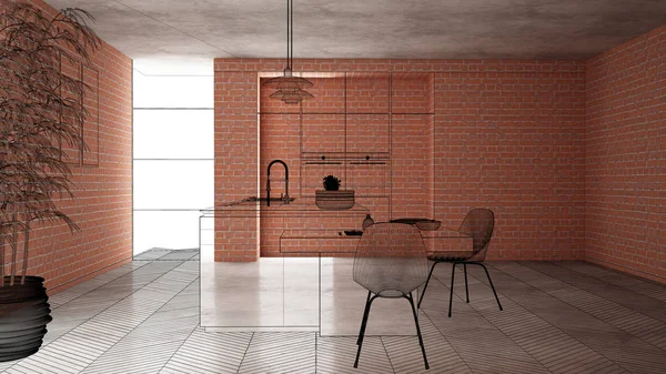 Ev yenileme, ev geliştirme kavramı arka plan, iç tasarım altında inşaat, özel mimari tasarım projesi, siyah mürekkep kroki, minimalist mutfak gösterilen blueprint
