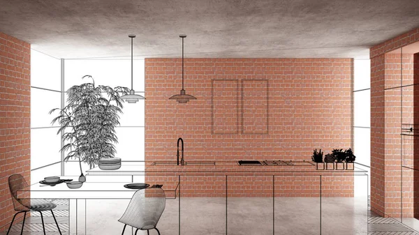 Ev yenileme, ev geliştirme kavramı arka plan, iç tasarım altında inşaat, özel mimari tasarım projesi, siyah mürekkep kroki, minimalist mutfak gösterilen blueprint