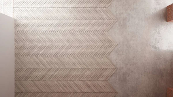 Ev yenileme, yeniden yapılanma süreci, onarım ve duvar boyama, inşaat konsepti. Tuğla ve boyalı duvarlar, parke zemin, duvarlar döşeme ve kaplama, iç tasarım, üst görünüm