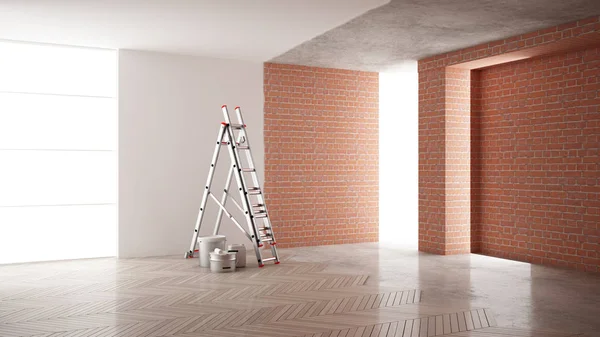 Ev yenileme işlemi, onarım ve duvar resmi, inşaat kavramı yeniden yapılanma. Tuğla ve boyalı duvarlar, parke zemin, duvar döşeme ve covering, mimari iç tasarım