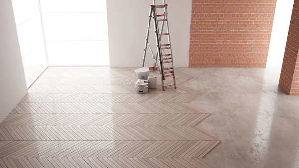 Ev yenileme, yeniden yapılanma süreci, onarım ve duvar boyama, inşaat konsepti. Tuğla ve boyalı duvarlar, parke zemin, duvarlar döşeme ve kaplama, iç tasarım, üst görünüm