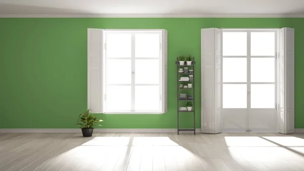 Chambre vide élégante avec fenêtres panoramiques, parquet, volets classiques, plantes en pot et décors. Fond vert avec espace de copie, idée de concept de design d'intérieur — Photo