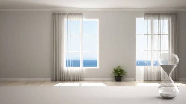 Fehér asztal vagy polc kristály homokóra mérés áthaladó idő minimalista stílusos üres szoba panoráma ablakok, építészet belsőépítészeti, másolási tér háttér — Stock Fotó