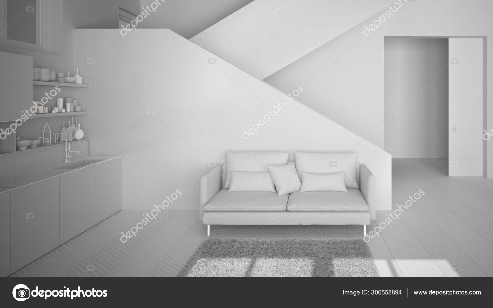 Total White Project Of Minimalist Modern Kitchen In Contemporary Open Space With Clean Staircase Living Room With Sofa And Carpet Interior Design Architecture Concept Idea Stock Photo C Archiviz 300558894