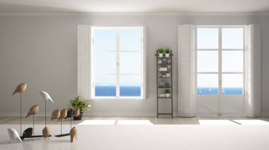 Minimalist kuş süsü ile beyaz masa üstü veya raf, kuş knick - panoramik pencereler, modern iç tasarım ile bulanık minimalist şık boş oda üzerinde püf noktası