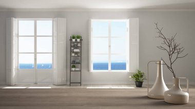 Panoramik pencere ve parke zemin, minimalist mimari iç tasarım ile bulanık şık boş oda üzerinde minimalist modern vazolar ile ahşap masa üst veya raf