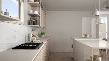 Ahşap detayları ve parke zemin, modern kolye lamba, minimalist iç tasarım konsepti fikir, dışkı ve aksesuarları ile ada modern beyaz mutfak