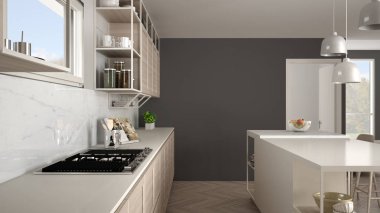 Ahşap detayları ve parke zemin, modern kolye lamba, minimalist iç tasarım konsepti fikir, dışkı ve aksesuarları ile ada modern beyaz mutfak