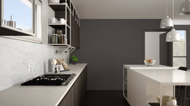 Ahşap detayları ve parke zemin, modern kolye lamba, minimalist iç tasarım konsepti fikir, dışkı ve aksesuarları ile ada modern beyaz mutfak