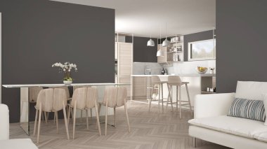 Ahşap detayları ve parke zemin, modern kolye lamba, minimalist iç tasarım konsepti fikir, dışkı ve aksesuarları ile ada modern beyaz mutfak