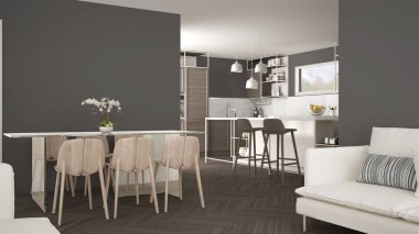 Ahşap detayları ve parke zemin, modern kolye lamba, minimalist iç tasarım konsepti fikir, dışkı ve aksesuarları ile ada modern beyaz mutfak