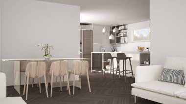 Ahşap detayları ve parke zemin, modern kolye lamba, minimalist iç tasarım konsepti fikir, dışkı ve aksesuarları ile ada modern beyaz mutfak