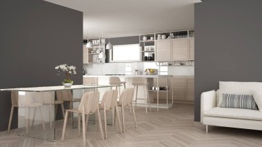 Ahşap detayları ve parke zemin, modern kolye lamba, minimalist iç tasarım konsepti fikir, dışkı ve aksesuarları ile ada modern beyaz mutfak