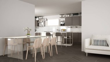 Ahşap detayları ve parke zemin, modern kolye lamba, minimalist iç tasarım konsepti fikir, dışkı ve aksesuarları ile ada modern beyaz mutfak