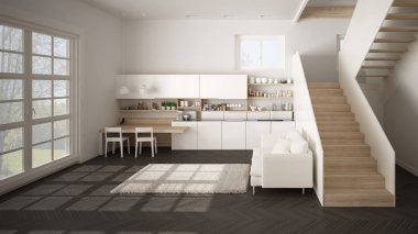 Temiz merdiven, kanepe ve halı ile oturma odası, iç tasarım mimari konsept fikri ile çağdaş açık alanda minimalist modern beyaz ve ahşap mutfak