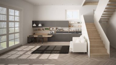 Minimalist modern beyaz, gri ve ahşap mutfak temiz merdiven ile çağdaş açık alanda, kanepe ve halı ile oturma odası, iç tasarım mimari konsept fikir