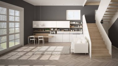 Minimalist modern beyaz, gri ve ahşap mutfak temiz merdiven ile çağdaş açık alanda, kanepe ve halı ile oturma odası, iç tasarım mimari konsept fikir