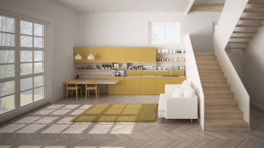 Minimalist modern beyaz, temiz merdivenile çağdaş açık alanda sarı ve ahşap mutfak, kanepe ve halı ile oturma odası, iç tasarım mimari konsept fikri