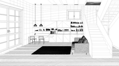 Blueprint proje taslağı, minimalist modern beyaz, merdiven ile çağdaş açık alanda mor ve ahşap mutfak, kanepe ve halı ile oturma odası, iç tasarım konsept fikri