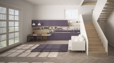 Minimalist modern beyaz, mor ve ahşap mutfak temiz merdiven ile çağdaş açık alanda, kanepe ve halı ile oturma odası, iç tasarım mimari konsept fikir