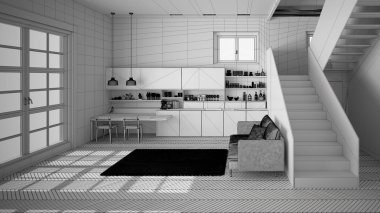 Temiz merdiven, kanepe ve halı ile oturma odası, modern iç tasarım mimari konsept fikri ile çağdaş açık alanda minimalist modern mutfak bitmemiş proje
