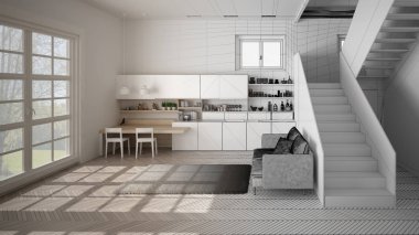 Mimar iç tasarımcı kavramı: gerçek olur bitmemiş proje, merdiven ile açık alanda minimalist modern mutfak, oturma odası, modern iç tasarım konsept fikri