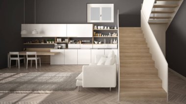 Minimalist modern beyaz, gri ve ahşap mutfak temiz merdiven ile çağdaş açık alanda, kanepe ve halı ile oturma odası, iç tasarım mimari konsept fikir