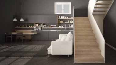 Minimalist modern beyaz, gri ve ahşap mutfak temiz merdiven ile çağdaş açık alanda, kanepe ve halı ile oturma odası, iç tasarım mimari konsept fikir