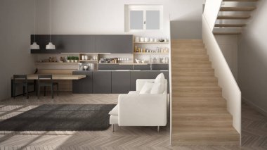 Minimalist modern beyaz, gri ve ahşap mutfak temiz merdiven ile çağdaş açık alanda, kanepe ve halı ile oturma odası, iç tasarım mimari konsept fikir