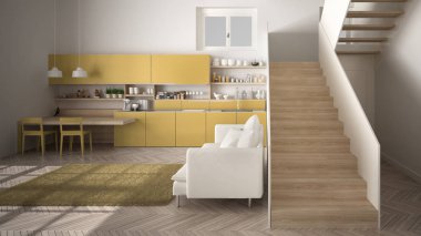 Minimalist modern beyaz, temiz merdivenile çağdaş açık alanda sarı ve ahşap mutfak, kanepe ve halı ile oturma odası, iç tasarım mimari konsept fikri