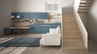 Minimalist modern beyaz, mavi ve ahşap mutfak temiz merdiven ile çağdaş açık alanda, kanepe ve halı ile oturma odası, iç tasarım mimari konsept fikir