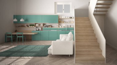 Minimalist modern beyaz, turkuaz ve ahşap mutfak temiz merdiven ile çağdaş açık alanda, kanepe ve halı ile oturma odası, iç tasarım mimari konsept fikir