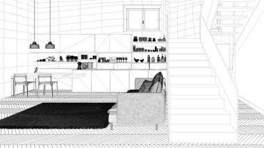 Blueprint proje taslağı, minimalist modern beyaz, merdiven ile çağdaş açık alanda mor ve ahşap mutfak, kanepe ve halı ile oturma odası, iç tasarım konsept fikri
