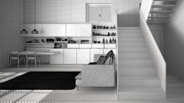 Temiz merdiven, kanepe ve halı ile oturma odası, modern iç tasarım mimari konsept fikri ile çağdaş açık alanda minimalist modern mutfak bitmemiş proje