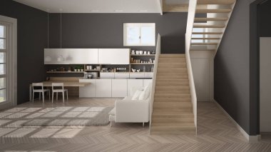 Minimalist modern beyaz, gri ve ahşap mutfak temiz merdiven ile çağdaş açık alanda, kanepe ve halı ile oturma odası, iç tasarım mimari konsept fikir