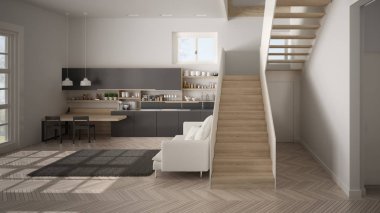 Minimalist modern beyaz, gri ve ahşap mutfak temiz merdiven ile çağdaş açık alanda, kanepe ve halı ile oturma odası, iç tasarım mimari konsept fikir