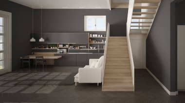 Minimalist modern beyaz, gri ve ahşap mutfak temiz merdiven ile çağdaş açık alanda, kanepe ve halı ile oturma odası, iç tasarım mimari konsept fikir