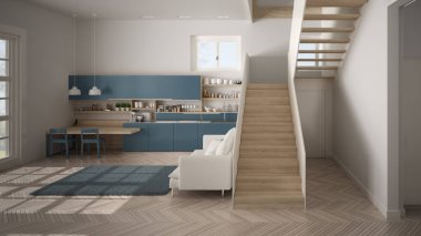 Minimalist modern beyaz, mavi ve ahşap mutfak temiz merdiven ile çağdaş açık alanda, kanepe ve halı ile oturma odası, iç tasarım mimari konsept fikir