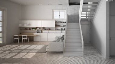 Mimar iç tasarımcı kavramı: gerçek olur bitmemiş proje, merdiven ile açık alanda minimalist modern mutfak, oturma odası, modern iç tasarım konsept fikri