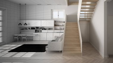 Mimar iç tasarımcı kavramı: gerçek olur bitmemiş proje, merdiven ile açık alanda minimalist modern mutfak, oturma odası, modern iç tasarım konsept fikri