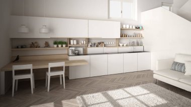 Temiz merdiven, kanepe ve halı ile oturma odası, iç tasarım mimari konsept fikri ile çağdaş açık alanda minimalist modern beyaz ve ahşap mutfak