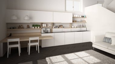 Temiz merdiven, kanepe ve halı ile oturma odası, iç tasarım mimari konsept fikri ile çağdaş açık alanda minimalist modern beyaz ve ahşap mutfak