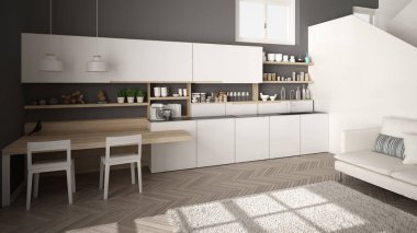Minimalist modern beyaz, gri ve ahşap mutfak temiz merdiven ile çağdaş açık alanda, kanepe ve halı ile oturma odası, iç tasarım mimari konsept fikir